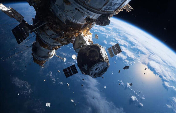 Космический спутник на орбите, вид на Землю из космоса, обломки вокруг.