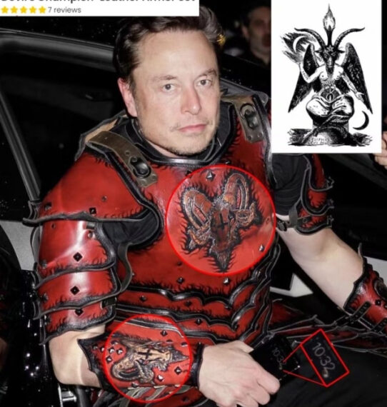 Человек в красных кожаных доспехах с рисунком козла на груди.