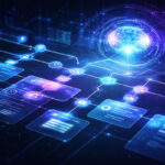 Цифровая схема нейросети с изображением мозга и информационными блоками.