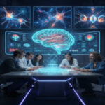 Учёные обсуждают исследования мозга в высокотехнологичной лаборатории.