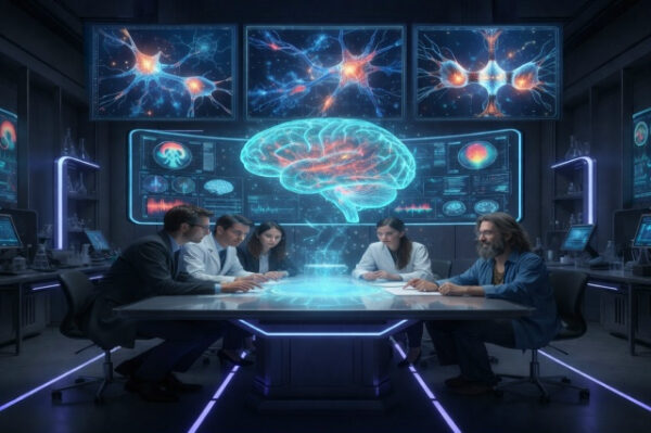 Учёные обсуждают исследования мозга в высокотехнологичной лаборатории.