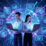 Люди с ноутбуками на фоне нейросетей и иконок искусственного интеллекта.