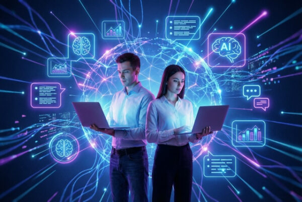Люди с ноутбуками на фоне нейросетей и иконок искусственного интеллекта.