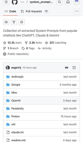 GitHub репозиторий с системными подсказками для чат-ботов ChatGPT, Claude и Gemini.