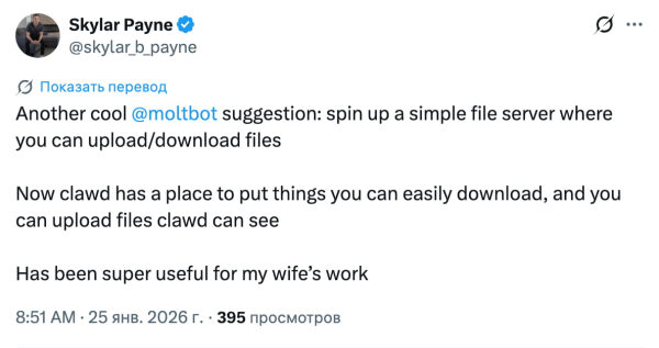 @skylarbpayne: "Поднял файловый сервер, куда Clawd кладёт файлы, а жена скачивает. Общее рабочее пространство." 30-file-server.jpg