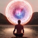 Человек медитирует у моря с магическим кругом света перед ним.