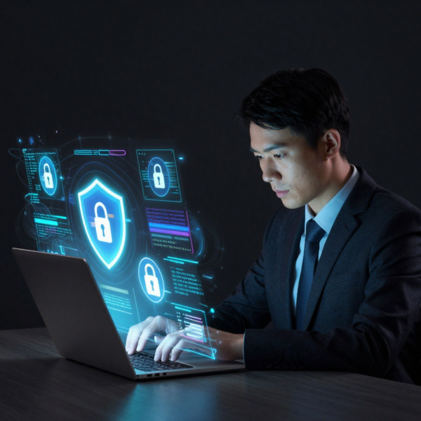 Человек за ноутбуком, концепция кибербезопасности, защитные символы на экране.