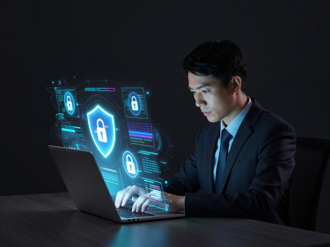 Человек за ноутбуком, концепция кибербезопасности, защитные символы на экране.