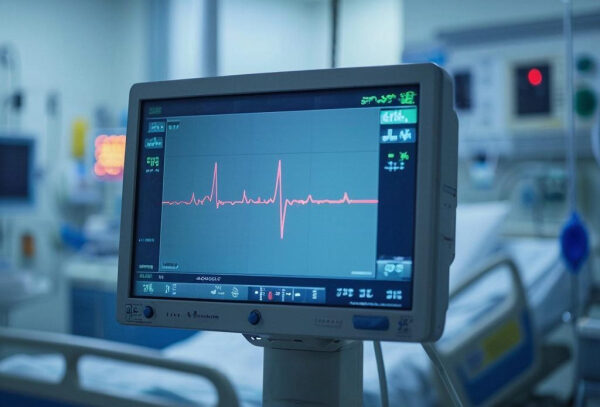 Монитор сердечного ритма в больничной палате, отображающий ЭКГ пациента.