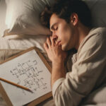 Мужчина спит с чертежом и карандашом, лежащими на кровати.