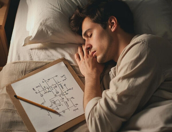 Мужчина спит с чертежом и карандашом, лежащими на кровати.