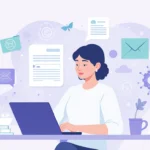 Женщина работает за ноутбуком, цифровая коммуникация, графики и письма, концепция удаленной работы.