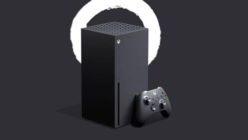 Игровая консоль Xbox Series X с контроллером на темном фоне.