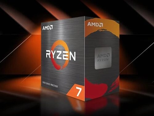 Коробка процессора AMD Ryzen 7 серии 5000 на фоне оранжевых и черных линий.