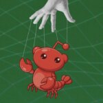 Рука управляет красным анимированным роботом на зелёном фоне, как марионеткой.