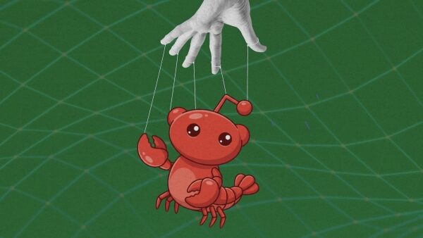 Рука управляет красным анимированным роботом на зелёном фоне, как марионеткой.