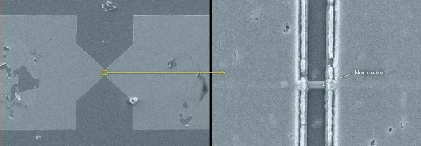 Два изображения. Слева — серое устройство из странного металла, напоминающее угловатые песочные часы, лежащие на боку. В центре — тонкий зазор, перекрытый нанопроводом. Справа — крупный план этого нанопровода.