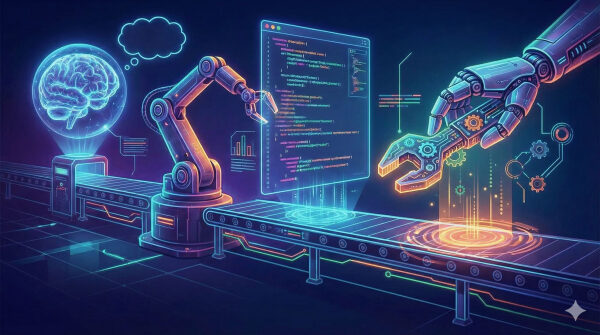 Иллюстрация автоматизации и искусственного интеллекта на производственной линии.