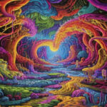 Яркий фантастический лес с извивающимися деревьями и сияющим небом.