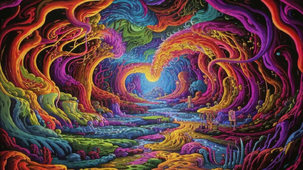 Яркий фантастический лес с извивающимися деревьями и сияющим небом.