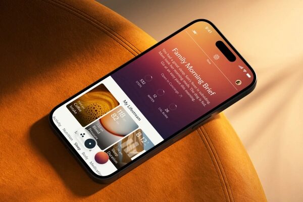Смартфон на стуле с открытым приложением прогноза погоды утром.