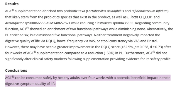 Перевод: Это вам не повредит, и вы можете заметить улучшение пищеварения, если вы здоровый взрослый человек. Гарантий, если у вас есть проблемы с желудочно-кишечным трактом, нет.