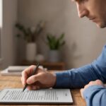 Мужчина пишет на планшете стилусом, сидя за столом, рядом окно и растения.