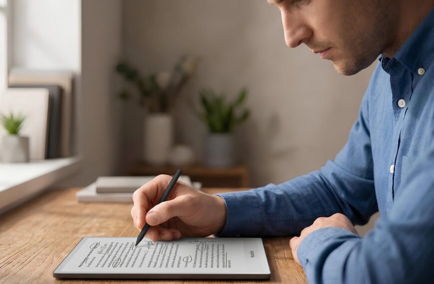 Мужчина пишет на планшете стилусом, сидя за столом, рядом окно и растения.