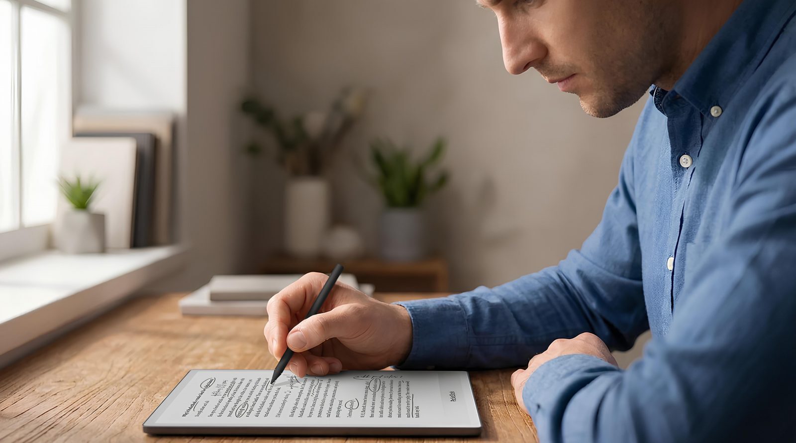 Мужчина пишет на планшете стилусом, сидя за столом, рядом окно и растения.