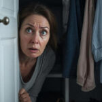 Человек заглядывает из-за двери шкафа, висят разноцветные рубашки.