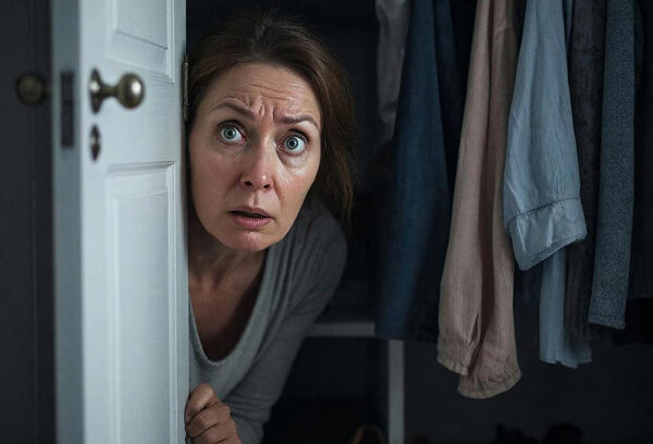 Человек заглядывает из-за двери шкафа, висят разноцветные рубашки.