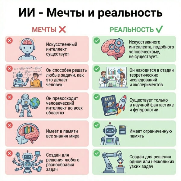 Инфографика: мечты и реальность об искусственном интеллекте, сравнение мифов и фактов.