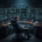 Программист за компьютерами с множеством мониторов, код и технологии, рабочее место.