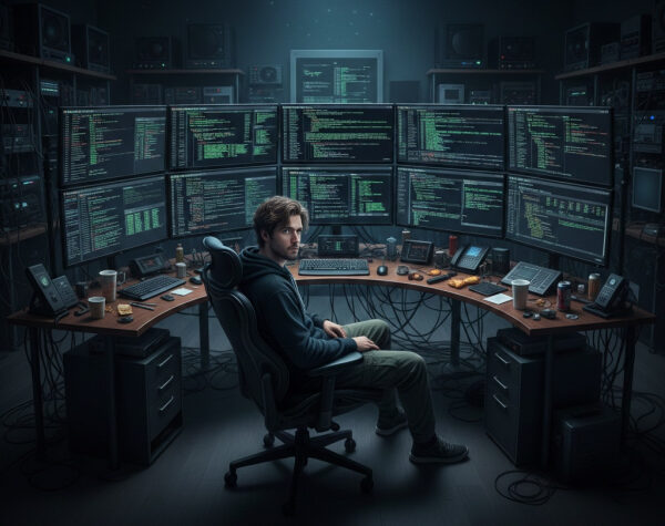 Программист за компьютерами с множеством мониторов, код и технологии, рабочее место.