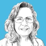 Иллюстрация женщины с длинными волосами на голубом фоне, стильная прическа и одежда.