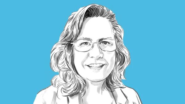 Иллюстрация женщины с длинными волосами на голубом фоне, стильная прическа и одежда.