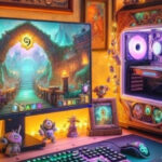 Игровая компьютерная установка с монитором и тематическим декором в фэнтези-стиле.