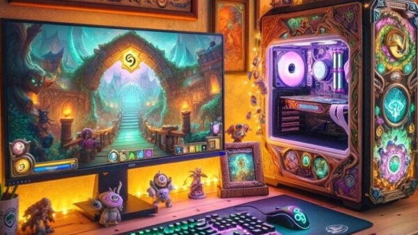 Игровая компьютерная установка с монитором и тематическим декором в фэнтези-стиле.