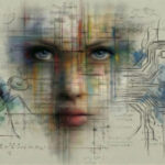 Искусство нейросети: лицо, формулы, муравей и схемы на фоне.