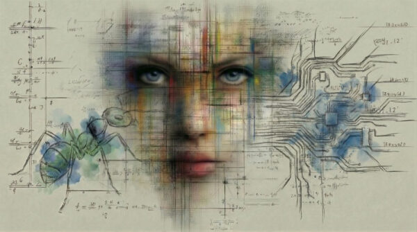 Искусство нейросети: лицо, формулы, муравей и схемы на фоне.