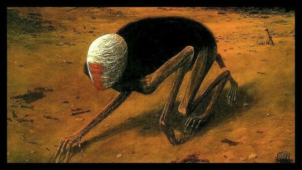 Существо с белой головой и длинными конечностями ползёт по земляной поверхности.