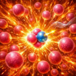 Ядерная реакция, столкновение атомов и энергетический взрыв в красно-оранжевых тонах.