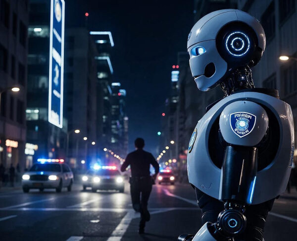 Робот-полицейский на ночной улице города с проблесковыми маячками автомобилей.