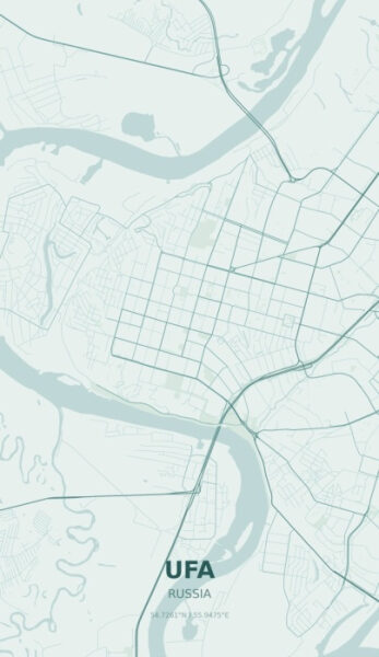 Карта Уфы с реками и улицами, надпись "UFA, RUSSIA".