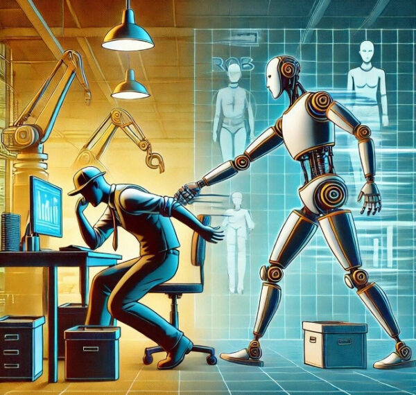 Человек и робот взаимодействуют в офисе, символизируя технологическое сотрудничество.