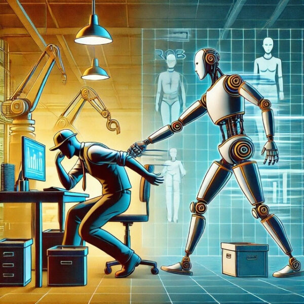 Человек и робот взаимодействуют в офисе, символизируя технологическое сотрудничество.