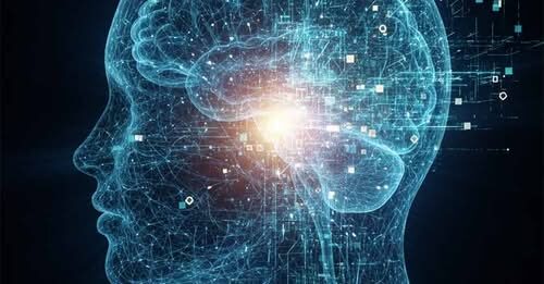 Концепция искусственного интеллекта: цифровой мозг, светящийся в профиле человека.