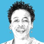 Изображение человека с кудрявыми волосами и серьгами на синем фоне.