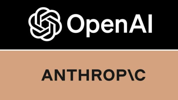 Логотипы компаний OpenAI и Anthropic на черно-бежевом фоне.