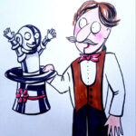 Иллюстрация: фокусник с роботом в цилиндре, оживленная сцена.